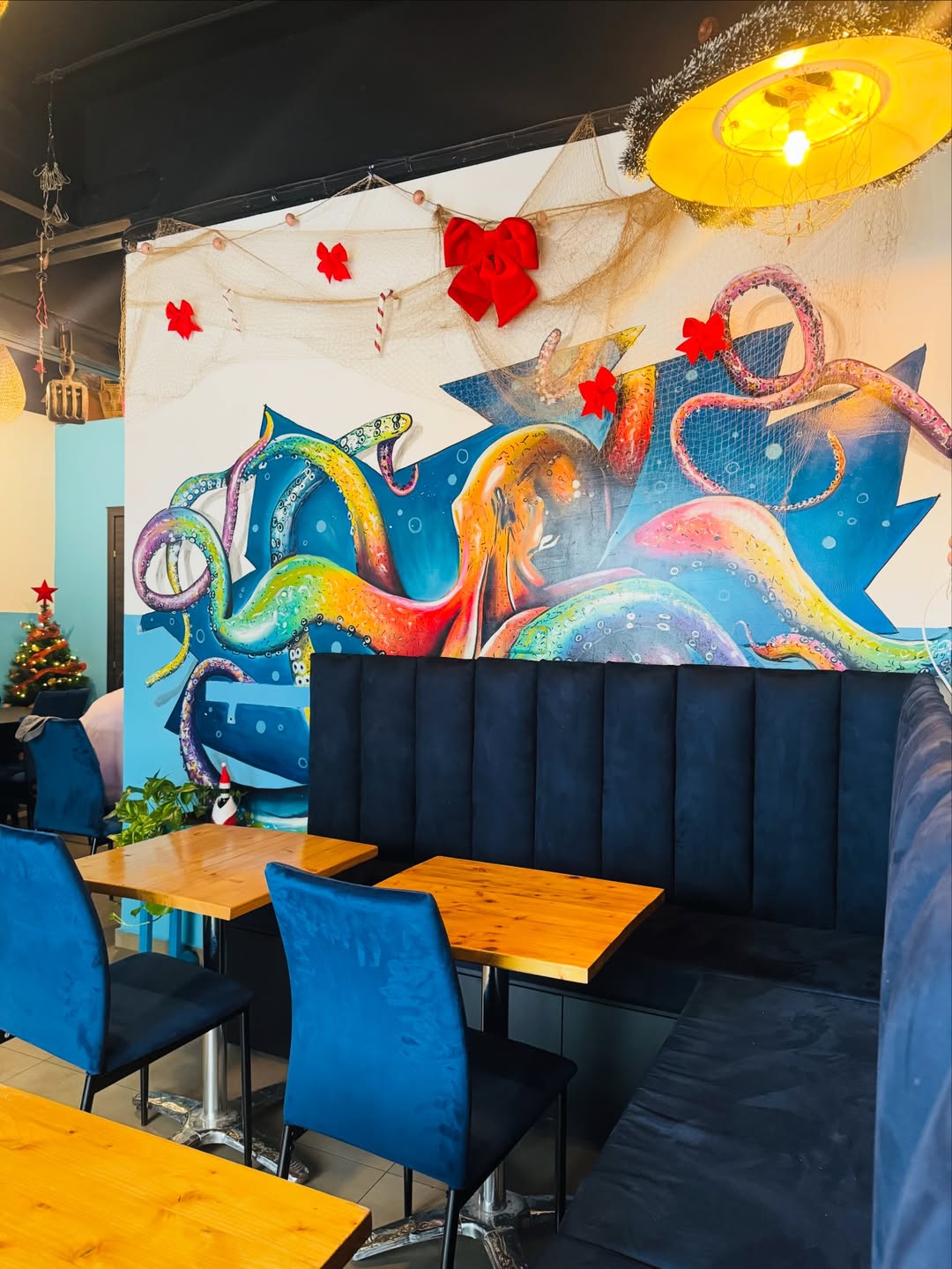 Colourful octopus mural inside Forty Fishes St Julian's